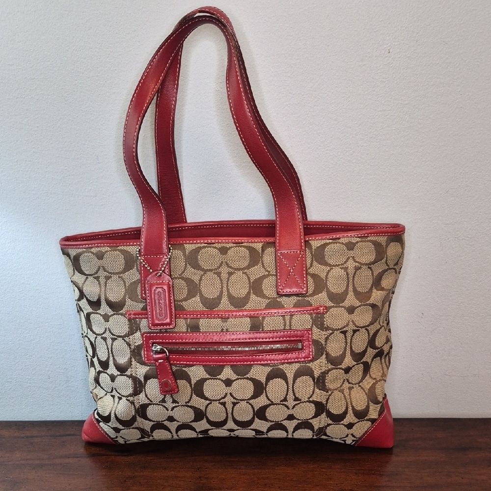Coach Tan Signature Canvas Tote with Red Leather Trim Vintage K1J-6082